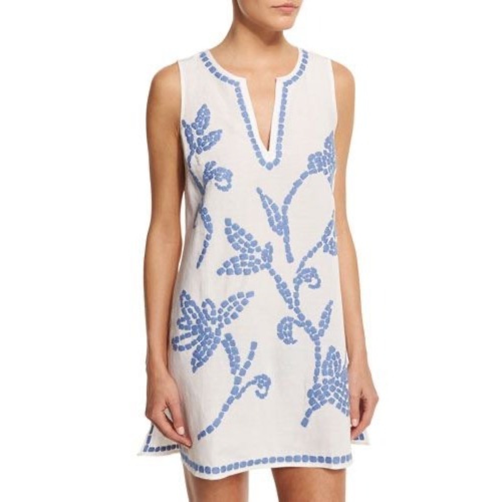 Tory Burch White Blue Embroidered Linen Blend Tunic Dress 13164044 Small